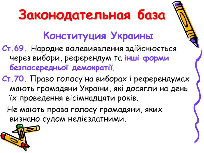 Законодательная база Конституция Украины Ст.69. Народне волевиявлення здійснюється через вибори, референдум та інші форми